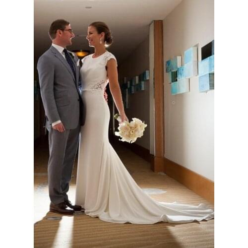 Romantic Mermaid Wedding Dresses Backless Cap Sleeves Chiffon Bridal Gown Plus Size Sweep Train Wedding Dress