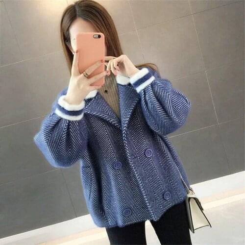 Pretty Herringbone Wool Jackets Fashion Double Breasted Spring Coats Female Sweater Womens Short Section Knitted Mink Jacket