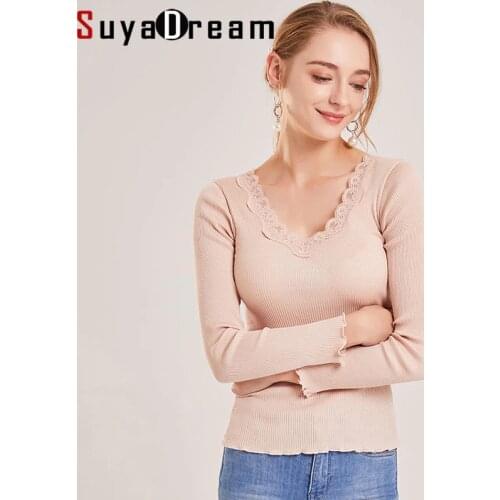 SuyaDream Ribs Back V neck Pullovers 30%Silk 70%Cottom Slim Fit Women Lace Bottoming Sweaters 2019 Autumn Winter Knitwear