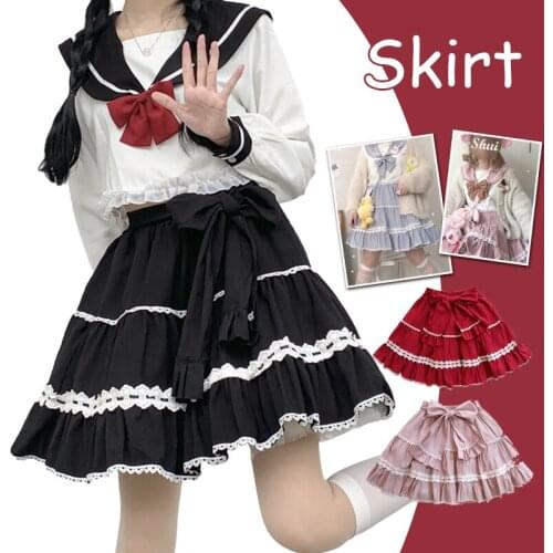 Women Sweet Lace Bow High Waist Princess Mini Skirts Lolita Kawaii Cosplay Skirt School Girls Vintage Cute Bandage Tutu Skirts