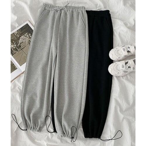 2021 Spring Summer Female High Waist Sportswear Gray Black Elastic Waist Women Sportswear Casual PantsDrawstring Harem Trousers