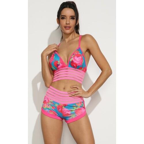 2020 New Gym Clothing Flower Print 2 Piece Set Women Deep V Neck Sports Bra+Mesh Stitching Yoga Shorts Ropa Deportiva Mujer