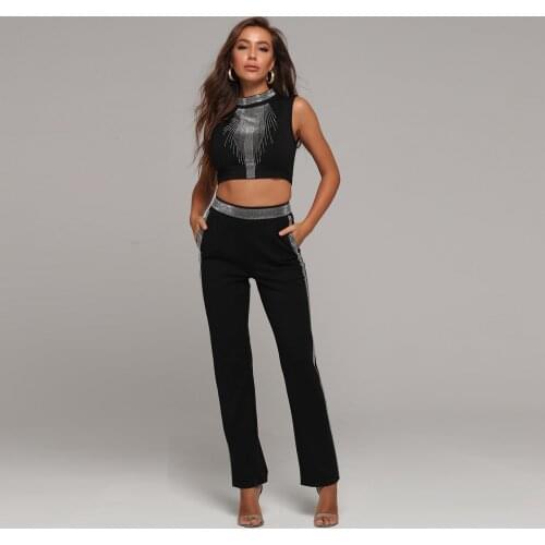 2020 Women Sexy Black Diamonds Sleeveless Two 2 Pieces Fashion Bandage Jumpsuit Sexy Bodycon Celebrity Party Verano Wholesale