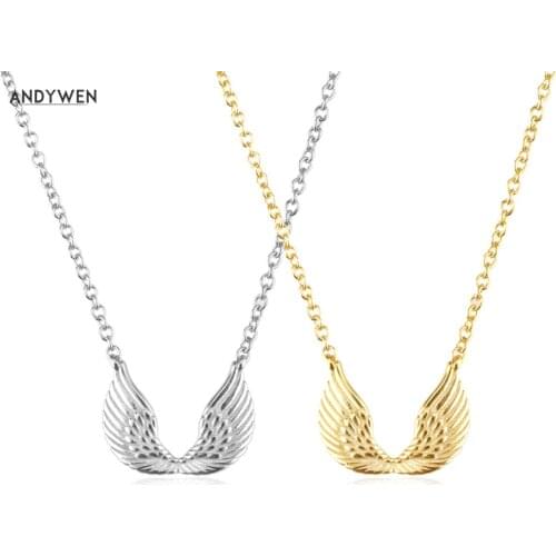 ANDYWEN 925 Sterling Silver Gold Wing Feather Pendant Long Chain Choker Necklace Women Luxury Jewelry For Women Accessories