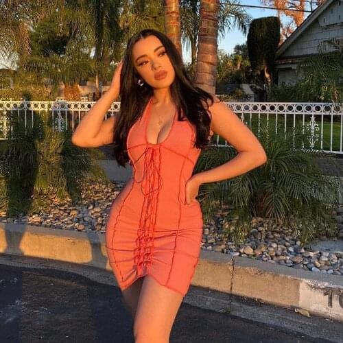 Halter Neck Reverse Car Side Dress Female Orange Summer Sexy Tight Fitting Sleeveless Beach Party Mid Length 2021Temperament