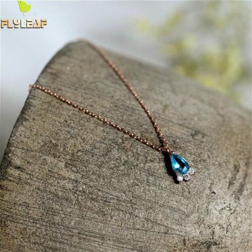Flyleaf 925 Sterling Silver Necklace Women Blue Crystal Water Droplets Zircon Fine Jewelry Simple Rose Gold Necklaces & Pendants