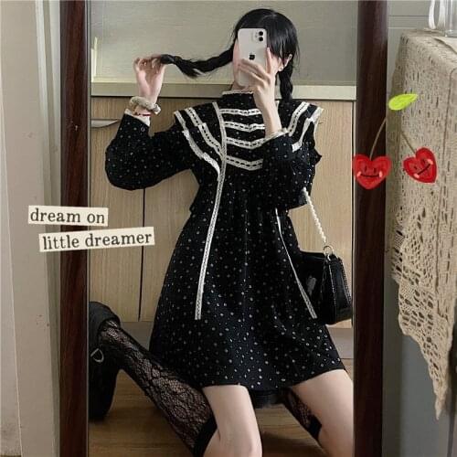 Sannian Autumn Cute Lolita Retro Palace Style Lace Stitching Floral Dress Women Lantern Sleeve Long Sleeve Dress Ladies Clothes