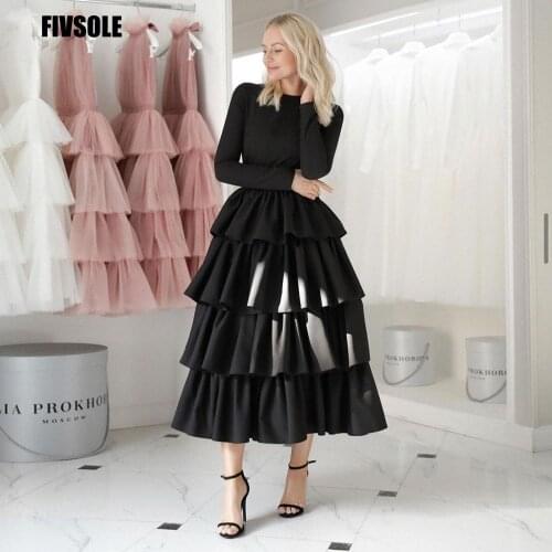 Fivsole Modest Black/White Skirt Tiered Evening Party Dresses 2021 Long Sleeves High Neck Tea-Length Formal Party Gown For Women