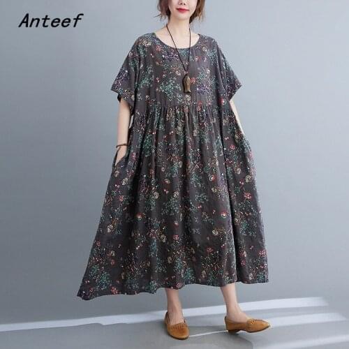 Short sleeve cotton vintage floral dresses for women casual loose long woman summer dress elegant clothes 2021