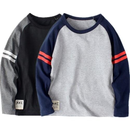 Childrens T-Shirts 2021 Spring Korean Stitching Stripe Boys Long Sleeve Bottom Tops For Teenager 120-160 Kids Clothes