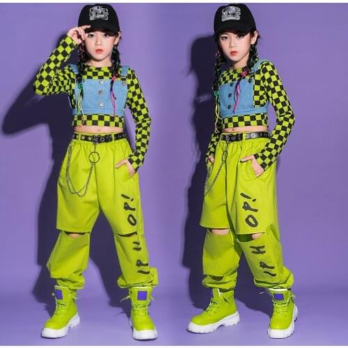 2021 ChildrenS Day Lattice Tops Fluorescent Green Pants Suit Hip Hop Dance Costumes For Girls Jazz Performance Costumes DN8212