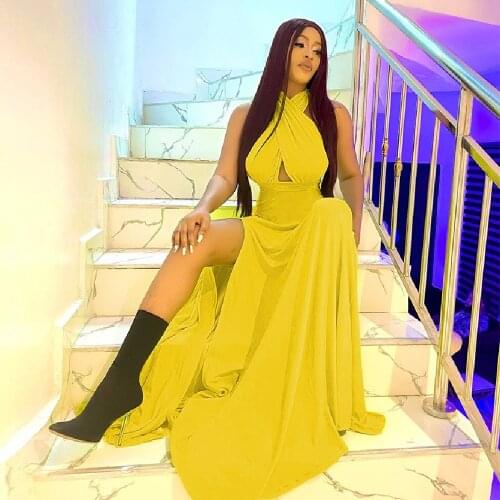 Criss Cross Halter Neck Backless Long Maxi Dress Women Off Shoulder Sleeveless Beach Dress Summer Yellow Fit and Flare Dress
