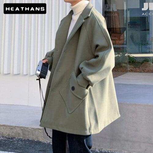 Autumn Winter Mid-length Woolen Top Jacket Male Korean Couple Solid Color Lapel Warm Windbreaker Loose Casual Jacket Men Clothes