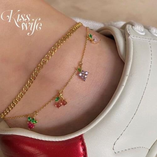 Bohemia 2Pcs/Set Women Fruit Anklets Set Fashion Crystal Cherry Gem Chain Anklet Charm Girl Cute Party Jewelry