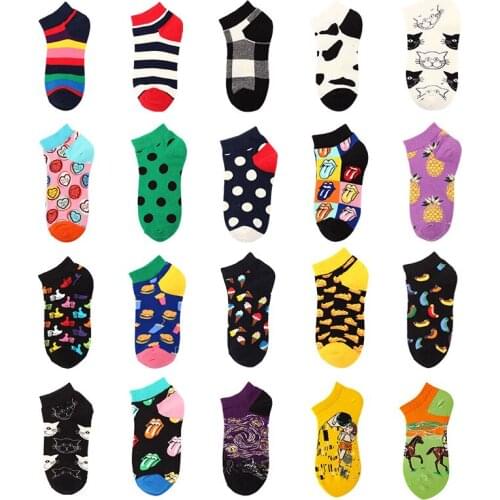 Woman Socks Cotton Print Thin Summer Unisex Fun Men Trend Cartoon Dot Stripe Fruit Fancies Breathable Antifriction Female Sock