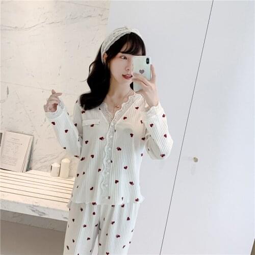 New Product Pit Striped Cotton Long-Sleeved Trousers Lace Peach Heart Print Cardigan Pajamas Suit Female Temperament Net Red