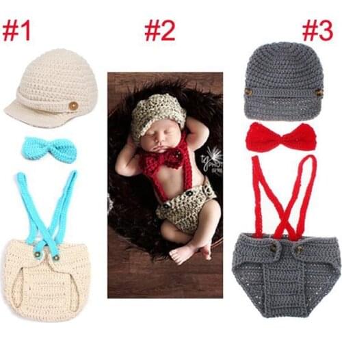 Newborn Photography Props Knitted Baby Hat with Suspenders Bow Tie Set baby Boy girl Hat 1set H194