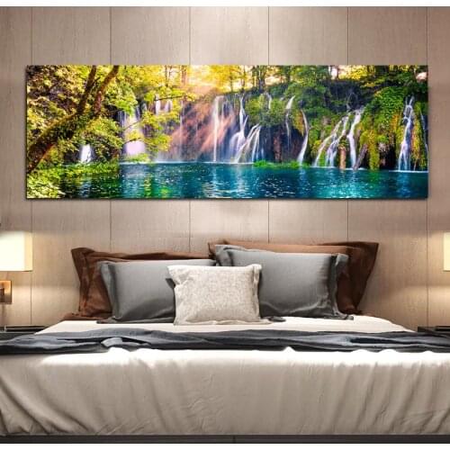 Modern Big Size Landscape Fall Nature Green Tree Canvas Painting Lake Posters and Prints Wall Pictures for Bedroom Home Decor