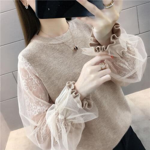 2021 Spring And Autumn New Loose Korean Mesh Lace Stitching Sweater Short Long-sleeved Sweater Womens Wear