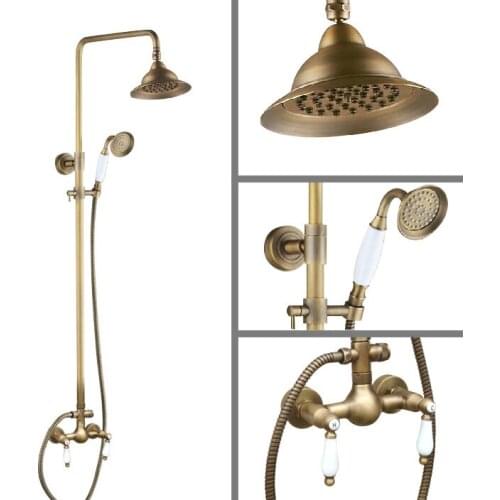 Vintage Retro Antique Brass Wall Mounted Bathroom 7" Round Rain Shower Head Faucet Set Dual Ceramic Handles Mixer Tap man120