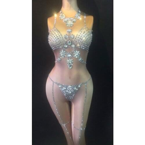 Bright Silver Rhinestones Nude Jumpsuit Shoot Outfit Stage Dance Petal Bodysuit Nightclub Costume Female Singer Performance Wear