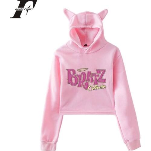Bratz Rock Angelz Crop Hoodie Sweatshirts Women Cat Pullover Girl Kawaii Harajuku Tracksui Hoodies Print Fashion Casual Hooded