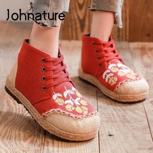 Johnature Cotton Linen Shoes Women Boots Lace-Up 2021 New Embroider Round Toe Concise Leisure Handmade Vintage Platform Boots