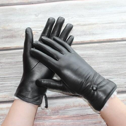 Bickmods Women New Black Fashion Imported Sheepskin Real Rabbit Hair Lining Cold Proof Warm Gloves Can Touch The Screen