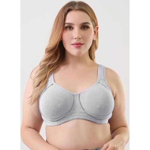 Melansheng Gray Cotton Wide Straps Minimizer Plus Size Underwire High Impact Support Sport Bras For Women Big Cup 100G Full Cup