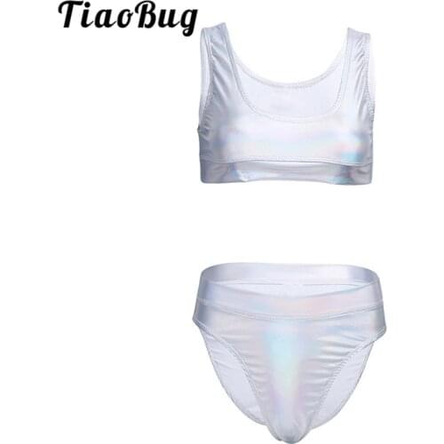 TiaoBug Women Shiny Metallic Patent Leather Sleeveless Crop Top with Briefs Bathing Suit Sexy Swimsuit Swimwear Adult Bikini Set
