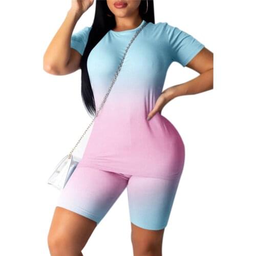 Womens Casual 2 Piece Outfits Gradient Short Sleeve T-Shirts Top Bodycon Shorts Set Sports Suit Tracksuit Jumpsuits