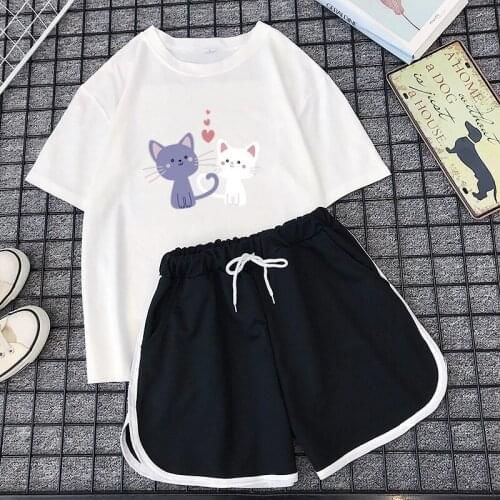 2021 Summer Clothes for Women 2 Piece Set Top and Pants Cartoon Cat Print T Shirt and Sports Shorts Set Casual Female Tracksuit