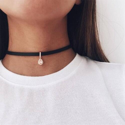 1 Pcs Classic Water Drop Crystal Rhinestone Leather Pendant Clavicle Necklace Women Charm Collar Necklace Clothing Jewelry