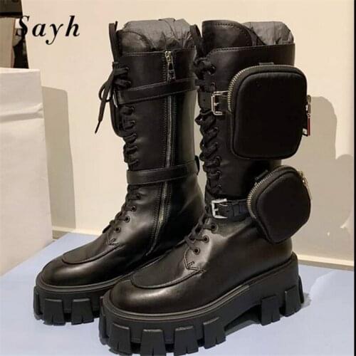 2020 Black Genuine Leather Runway Design Platform Mid Calf Boots Thick Heel Punk Motorcycle Boots Martin Chelsea Shoes Female