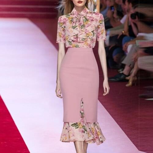 2021 Summer Designer Runway New Set Women Short Sleeve Top+Pump Skirt Flower Printed Pink Two Peices SetTwo