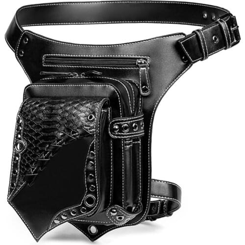 2021 Mens Rock Leg Bags Steampunk Gothic Pack Male Retro Black Leather Rivet Waistbag for Female Crossbody Messenger Phone Case