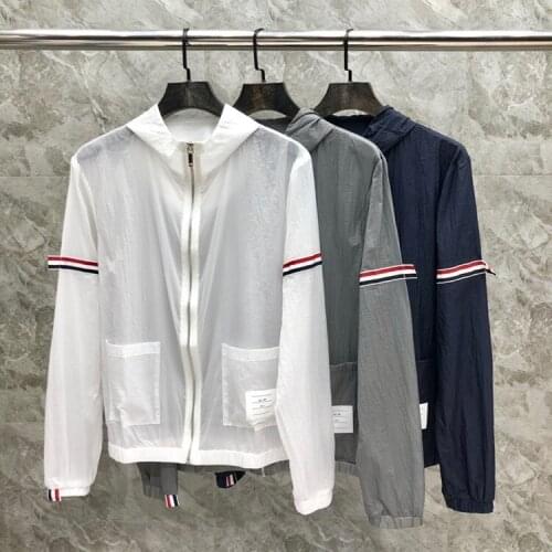 2021 Fashion TB Thom Brand Jacket Men Striped Sleeves Uv Sun-Protective Outdoor Coats Summer Thin Casual Hooded Skin Windbreaker