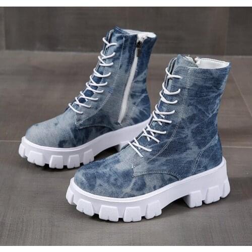 Cowboy Martin Boots Womens 2021Autumn New Retro Female Creepers Casual Thick-Soled Shoes Ladies Lace Platform Punk Ankle Bootie