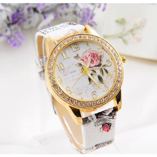 Ethnic Style Point Rhinestone Pattern Ladies Watch Phnom Penh Pink Flowers Clocks Leather Strap Fashion Women Gift relógios часы
