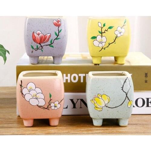 Ceramic Floral Pattern Flowerpot Succulent Plant Pot Desktop Bonsai Vase Green Plant Container Home Garden Balcony Decor