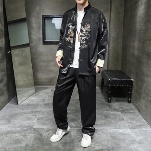 Chinese Style Retro Tang Suit Cotton Linen Embroidery Plus Size Two Piece Set Hanfu Men Clothing 2021 Kung Fu Clothes Male 31037