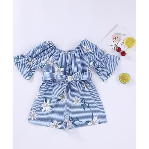 Summer new style 0-3 year old girl blue and white striped flower puff sleeve jumpsuit