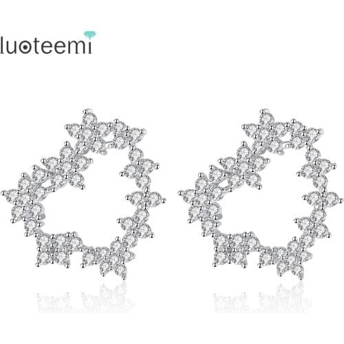 LUOTEEMI Spring Fashion Crystal Flowers Statement Hollow Heart Stud Earrings For Women Girls Valentine Day Gift Brincos Bijoux