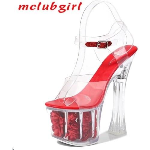 Mclubgirl Women Club Roses Super High Heels Chunky-Heel Platform Sandals Transparent Crystal Shoes Wedding Shoes LFD