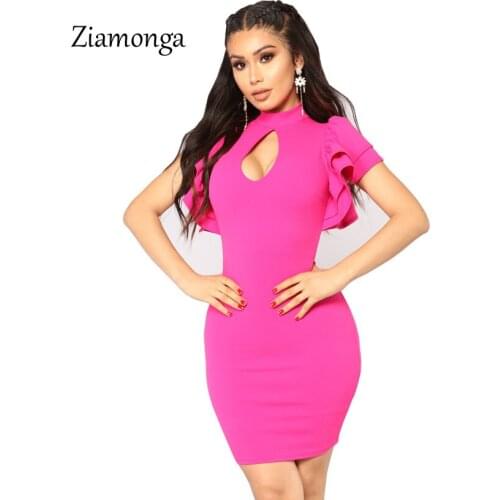 Ziamonga Women Long Butterfly Sleeve Package Hip Bodycon Dress Sexy Night Party Wear Vestido Key Hole Ruffles Midi Bandage Dress