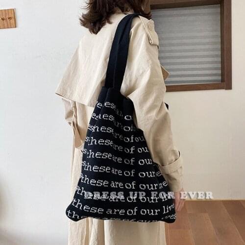 Korean Simple Female Wool Handbags Pure Cotton Knitting Tote Bag Leisure Casual College Style Single Shoulder Bags For Women