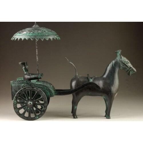 Elaborate Chinese Vintage Collection Handmade Old Bronze Vivid Horsedrawn Wagon Statue
