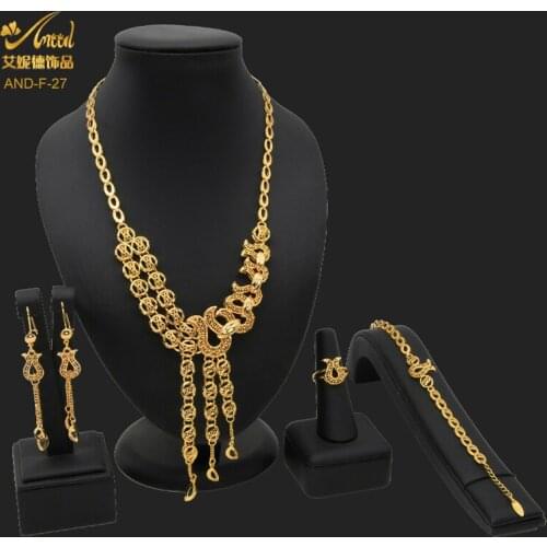 Dubai Luxury Gold Wedding Jewelry Set Copper Gold Color African Nigerian Necklace Bracelet Earring Set Ethiopian Jewelery