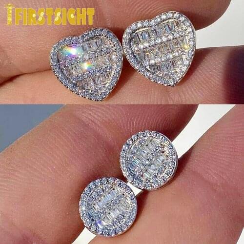 New Sillver Color Hip Hop Iced Out Bling Micro Pave CZ 5A Cubic Zircoina Round Heart Shaped Screw Back Earring For Women Jewelry