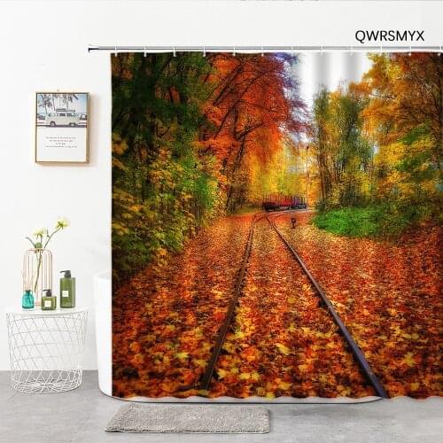 Autumn Orange Maple Forest Train Shower Curtains Fabric 3D Natural Scenery Bathroom Decor Curtain Home Background Wall Cloth